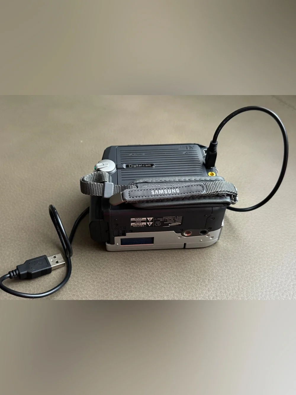 Samsung Silver Digital Camcorder with Gray and Blue Carry Case